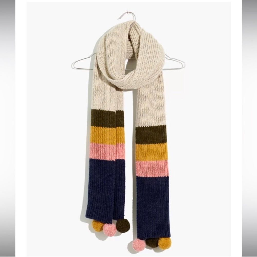 Madewell Heather Sand Striped Pom-Pom Merino Wool Alpaca Winter Chunky Scarf